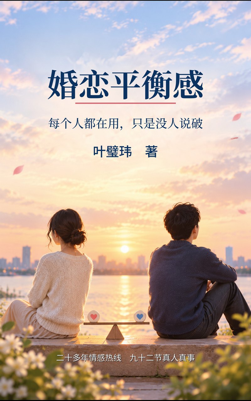 《婚恋平衡感》封面：两个人背对夕阳坐在长椅上，中间摆着一架小天平